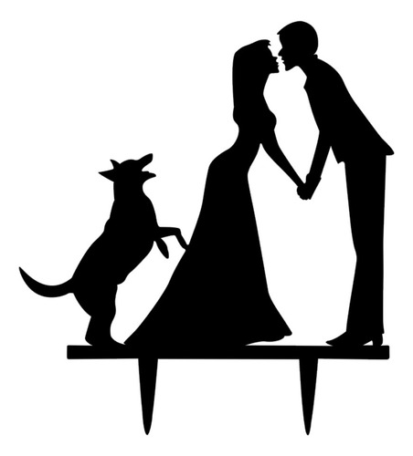 Acrílico Novia Y Novio Con Perro Silueta Pastel Topper Boda
