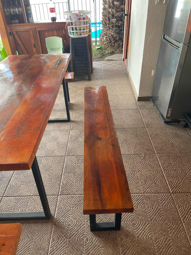 Mesa Comedor Roble Con Bancas, Patas De Fierro