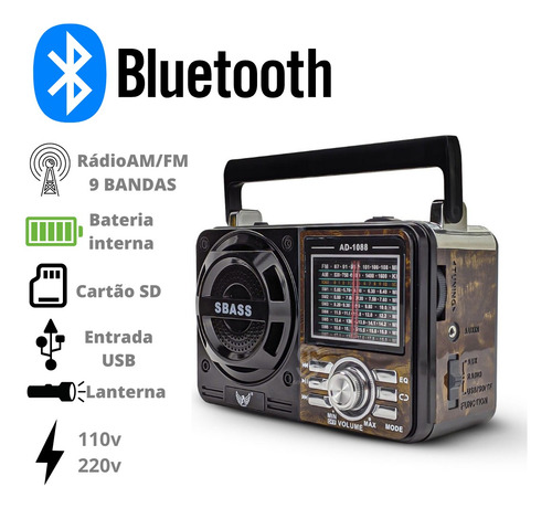 Rádio Avantpro FM AM SW Retro Portátil com Lanterna Tomada Pilha USB Bluetooth SD Pendrive Pen Recarregável – Radinho com Entrada Aux e Som Potente