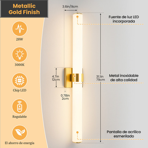 Lámpara Led De Pared Moderna Para Espejo De Baño Interiores Estructura Dorado
