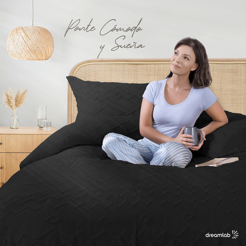 Juego de Funda Para Edredon Duvet con Textura Dreamlab, Tamaño Queen, Color Negro