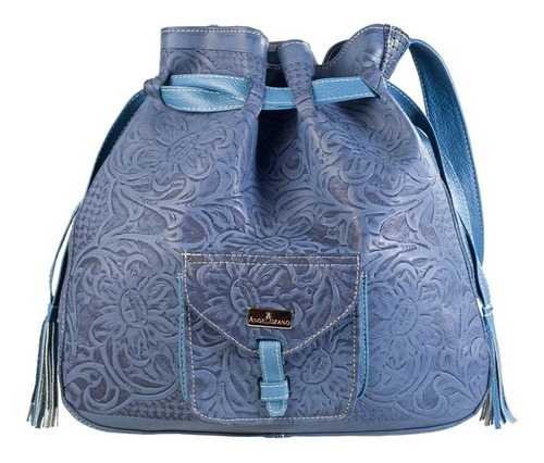 Bolso D Piel Con Grabado Tipo Cincelado Bolsa Dama Artesanal Color Azul Diseño de la tela Benita Grabado