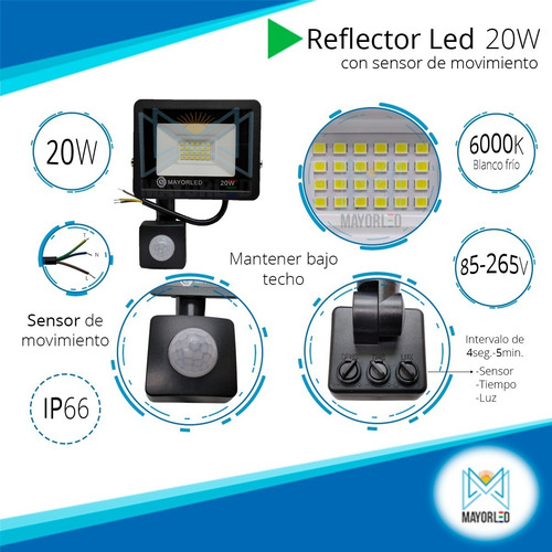Imagen 3 de 9 de Reflector Led 20w Sensor Movimiento 220 Exterior Ip66 Blanco