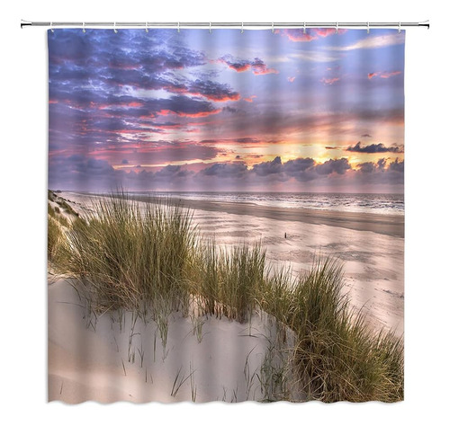 Cortina De Ducha De Arena De Playa Ocean Grass Sunset Cloud 