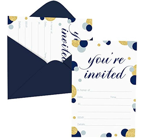 Invitaciones Azul Marino Y Dorado Con Sobres Azules Completa