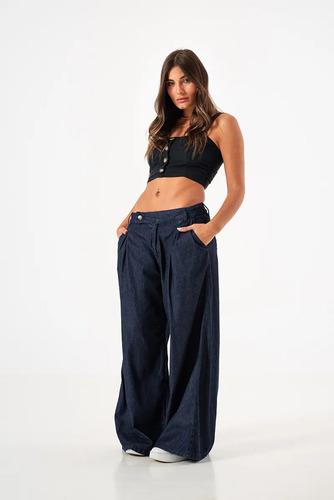 Palazzo De Jean Mujer Super Wide Leg Con Bolsillos Y Pinzas