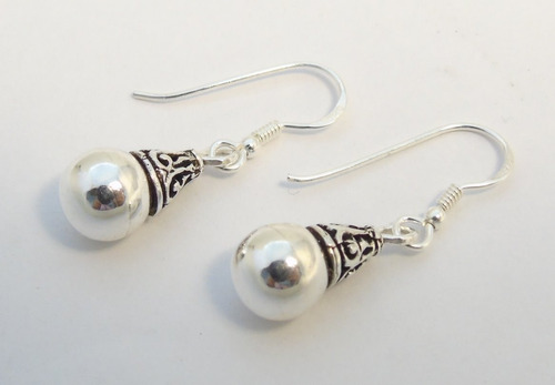 Imagen 5 de 9 de Conjunto Dije Bola Plata 925 Bali Cadena + Aros Colgantes