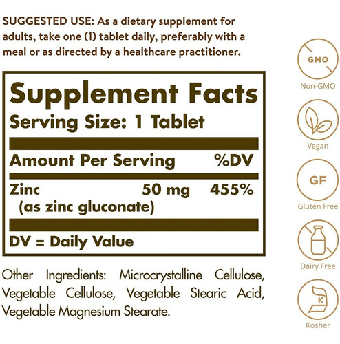 Zinc 50 Mg Piel Y Vision Saludable100 Tabletas Solgar