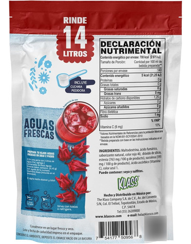 Klass Aguas Frescas Polvo De Bebida Sabor Jamaica Rinde 14l