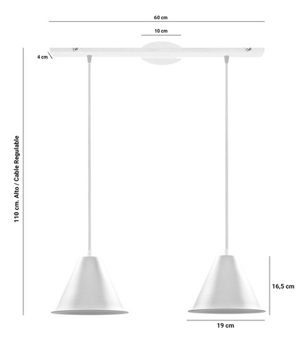 Lampara Colgante Cono Vintage Industrial Riel 2 Luces E27 Estructura Blanco