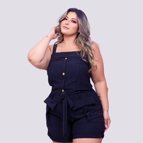 Macaquinho Plus Size Feminino Com Faixa Bolso Na Frente