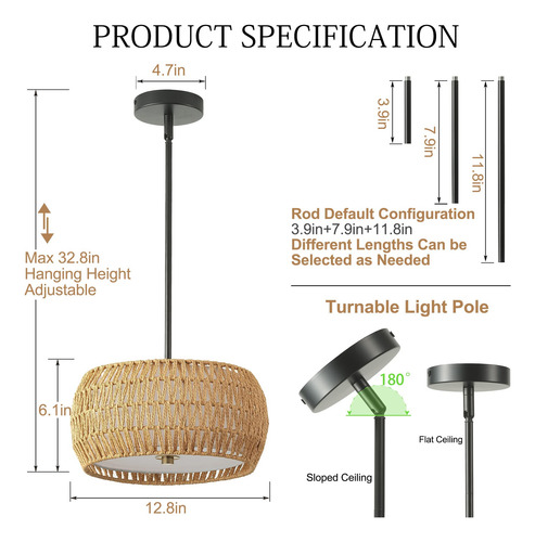 Giutna Lámpara Colgante De Ratán De 3 Luces Lámpara De Techo