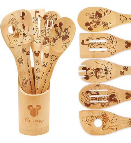 Juego De Cucharas De Madera Con Soporte Diseno Disney