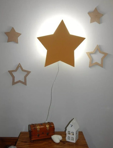 Lampara Infantil  Cuadro Estrella + 4 Estrellas Madera 