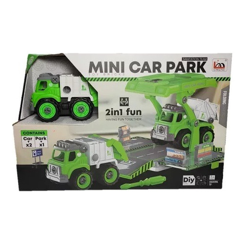 Diy Camión Verde Mini Basurero Car Park Set 2 Vehículos