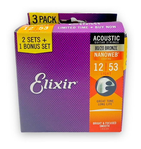 3 Pack Elixir 80/20 Bronze 12-53 Cuerdas Guitarra Acústica