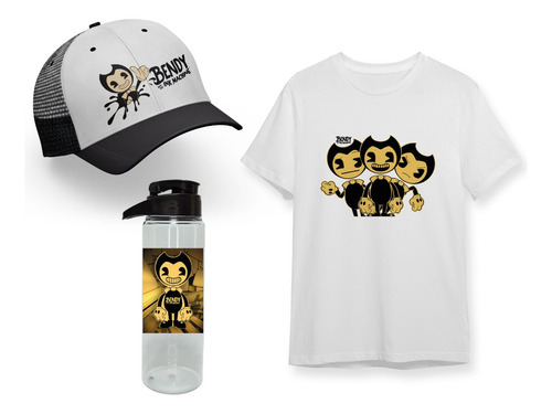 Pack Negro Remera + Botella + Gorra Bendy And The Ink Machin