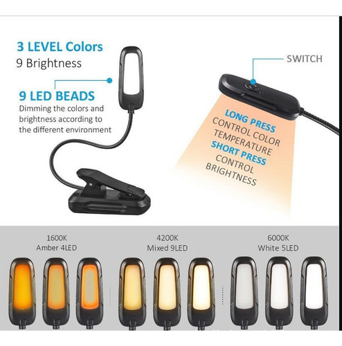 Wd Lencent Lâmpada De Leitura Recarregável 9 Leds 12 Modos