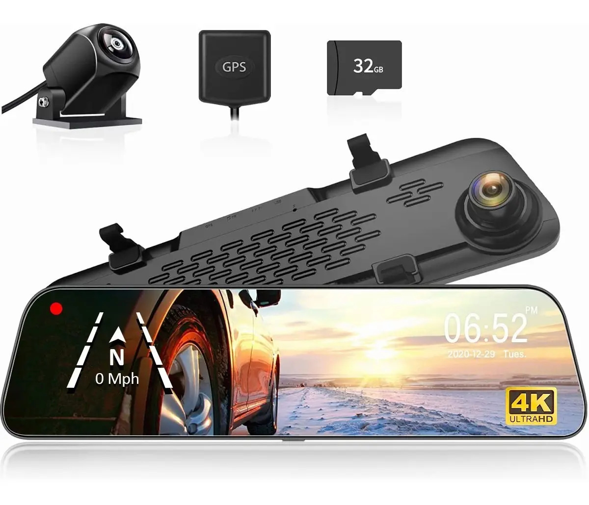 Cámara para Vehículo Wolfbox G840s: Dashcam de Espejo Retrovisor 4K con Wi-Fi, Visión Nocturna y Pantalla de 12"