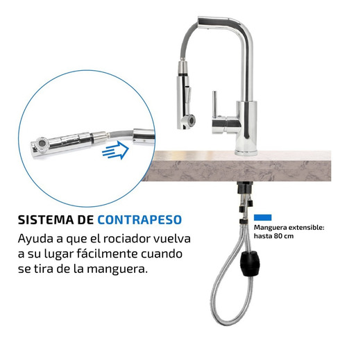 Imagen 6 de 10 de Griferia Para Cocina Monocomando Extensible Canilla De Acero