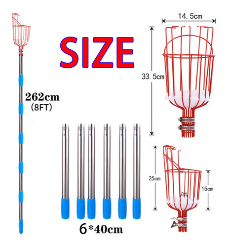 Imagen 2 de 8 de Recolector De Frutas Ajustable Con Cesta De Metal Giratoria