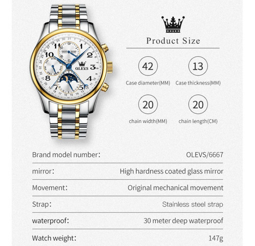 Olevs Reloj Cronógrafo Mecánico Con Fase Lunar Para Hombre Color De La Correa Stainless/silver Gold