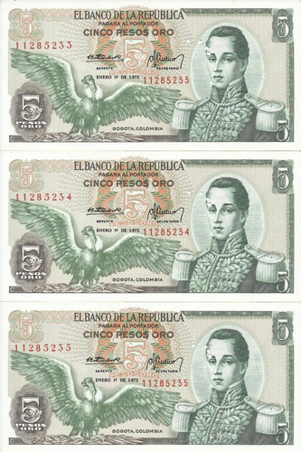 Colombia Trío Consecutivos, 5 Pesos 1 Enero 1973 (huecos)