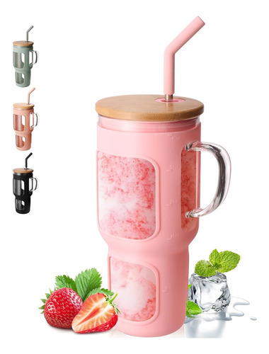 Comooo - Vaso De Vidrio De 1.18l Con Tapa De Bambú Y Sorbete Color Rosa Liso