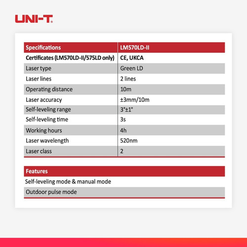 Imagen 3 de 9 de Nivel Láser 120 Grados Uni-t Lm570ld-ii / 2 Lineas /2 Planos
