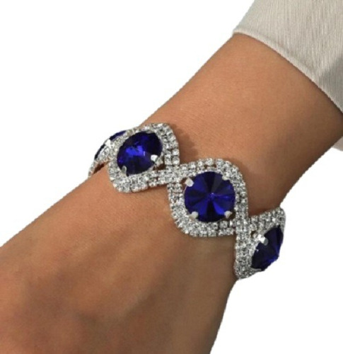 Maxxi Pulseira Prateada Strass Azul Luxo Fashion Madrinha