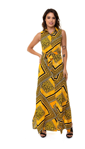 Vestido Kinara Longo Botões Crepe Com Faixa Amarelo