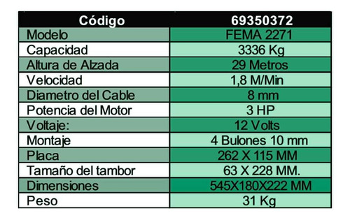 Imagen 2 de 6 de Aparejo Eléctrico 12v 29 Mt 3336 Kg 3 Hp Cable 8 Mm