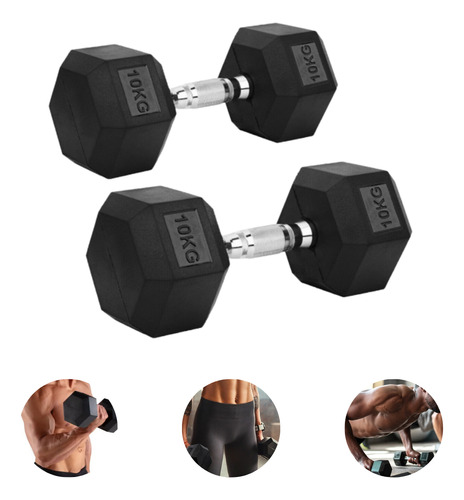 Par De Halteres 10kg Emborrachado Cromado Dumbbell Sextavado