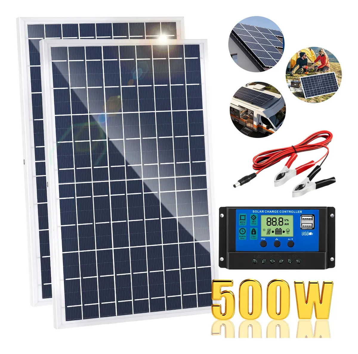 Kit De 500W 2 Panel Solares Modulo Con Controlador(10-50A), Suzwip Celda Panel Solares Con Puertos USB/DC, IP67 Impermeable Y Larga Vida Útil Para Hogar/Exterior