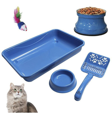 Imagem 1 de 2 de Kit Gato 4 Felino Caixa Higienica Comedouro Alto Pá Azul