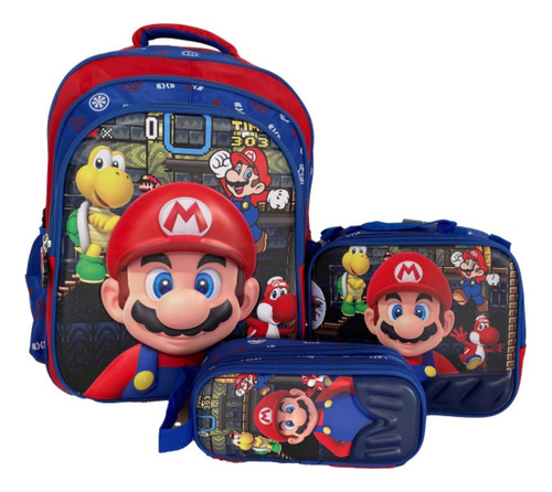 Combo Morral Escolar Grande Mario Bros + Lonchera Y Cartuche