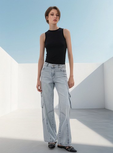Pantalón Wide Leg Cargo De Jean Rígido Tiro Medio- Scott