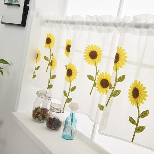 Cortinas De Cocina Con Girasol Bordado 2 Piezas