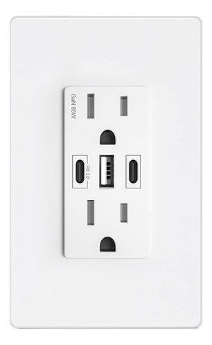 Amerisense Gan - Toma De Pared Usb De 65 W, 6 Amperios, 3 Pu