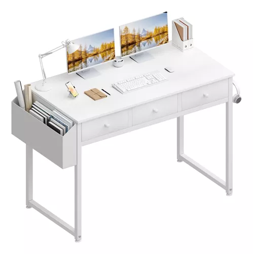 Lufeiya Escritorio blanco en forma de L para computadora con estantes de  toma de corriente, escritorio de esquina pequeño de 40 pulgadas para  espacio
