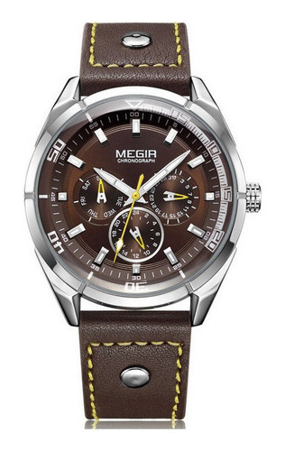 Reloj De Negocios Con Cronógrafo Luminoso De Cuero Megir Color Del Fondo Café