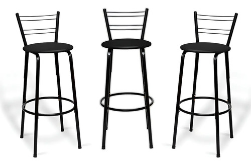 Kit com 3 Banquetas Altas Flórida Itagold Pretas em Aço com Encosto para Cozinha e Balcão