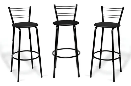 Kit Com 3 Banquetas Altas Flórida Itagold Pretas Em Aço Com Encosto Para Cozinha E Balcão Preto