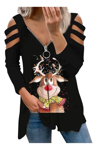 Sudaderas Flojas De Manga Larga Con Cuello Redondo Navide as