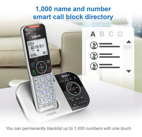 Vtech Vs112-2 Dect 6.0 Teléfono Inalámbrico Bluetooth 2 Para El Hogar Con Contestador, Bloqueo De Llamadas, Identificador De Llamadas, Intercomunicador Y Conexión A La Celda (plateado Y Negro)