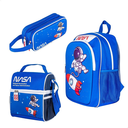 Kit Mochila Lonchera Y Lapicera Escolar Nasa Viaje Espacial