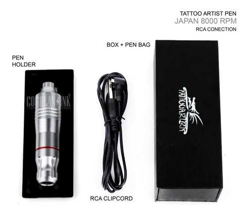 Imagen 1 de 10 de Tattoo Pen 8000 Rpm Japón Rca + Clip + Base + Funda Silver