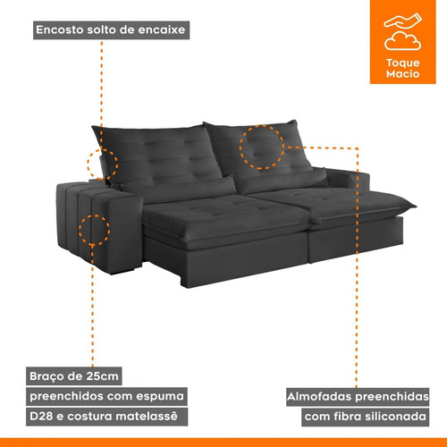 Sofá Retrátil E Reclinável Com Catraca Blindada 250cm Wt