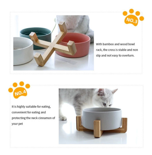 Comedero Bebedero Ceramico Base Madera Gato Perro Blanco S