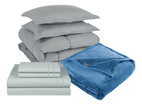 Pack Cobertor Gris+sabana+frazada Azul King 3 Piezas 3angeli